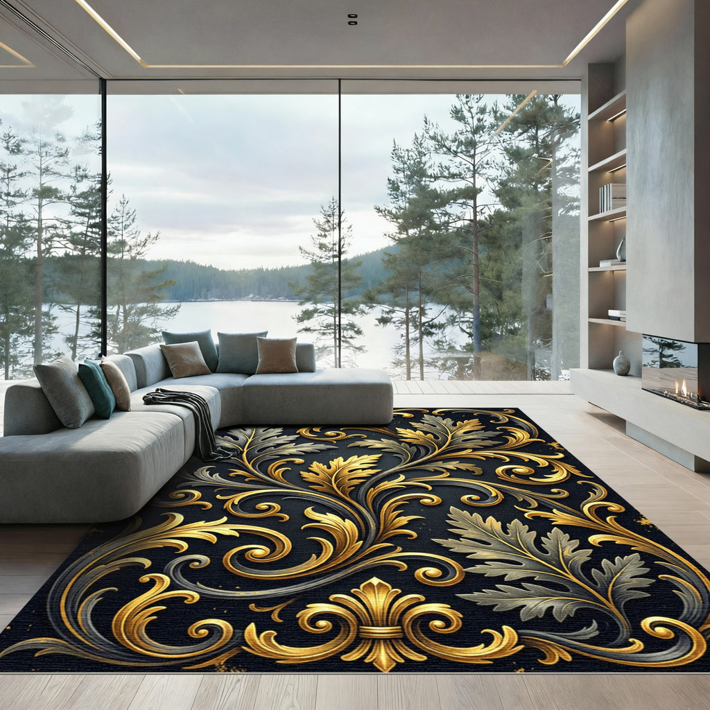 Black Gold Filigree Floral Leaf Swirls Rug