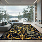 Black Gold Filigree Floral Leaf Swirls Rug