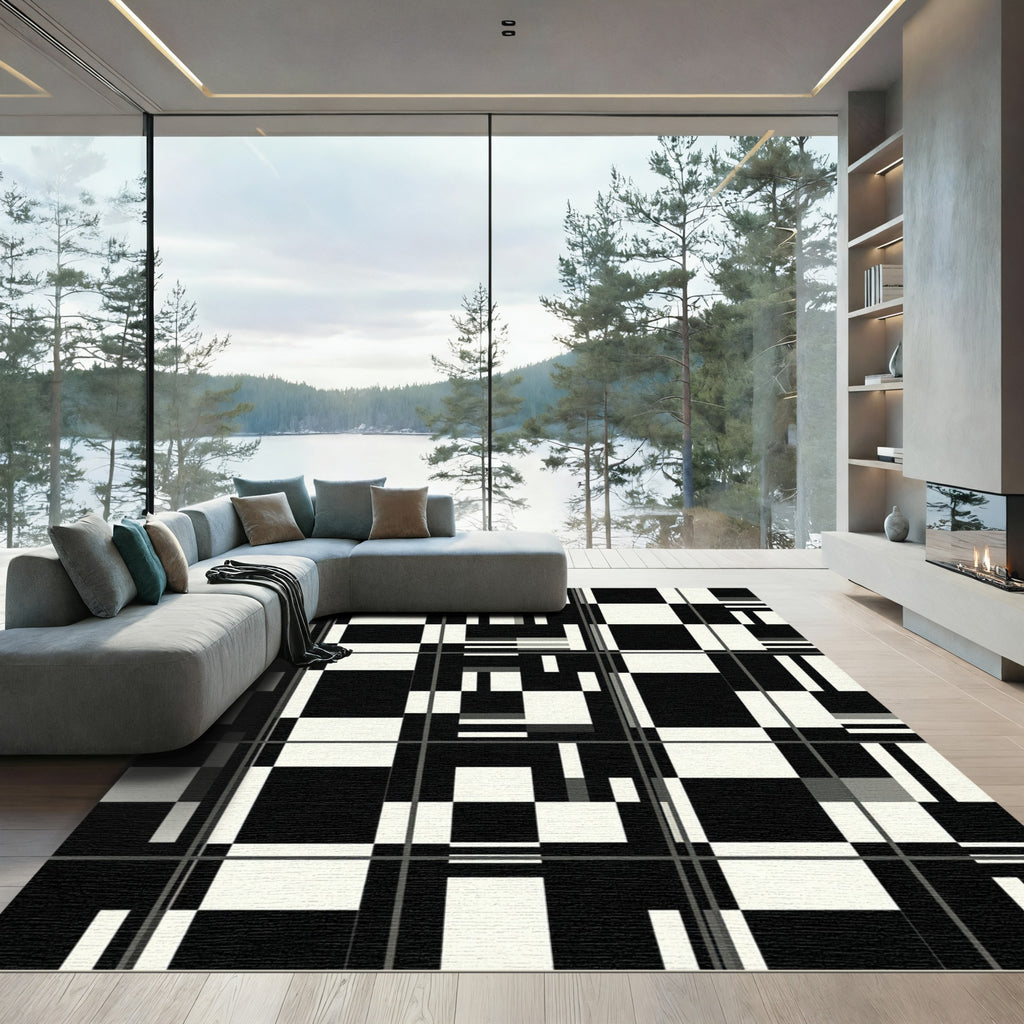 Monochromatic Geometric Grid Abstract Illusion Rug