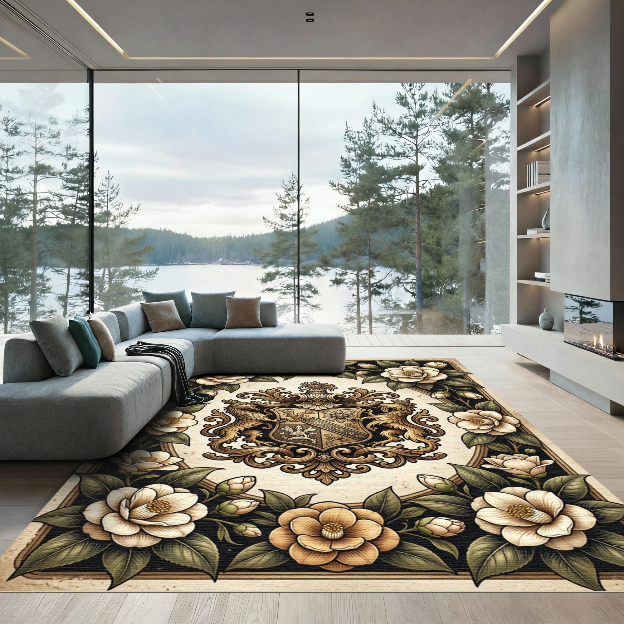 Elegant Gold Crest Camellia Floral Rug