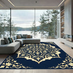 Navy Blue Gold Ornate Floral Medallion Rug