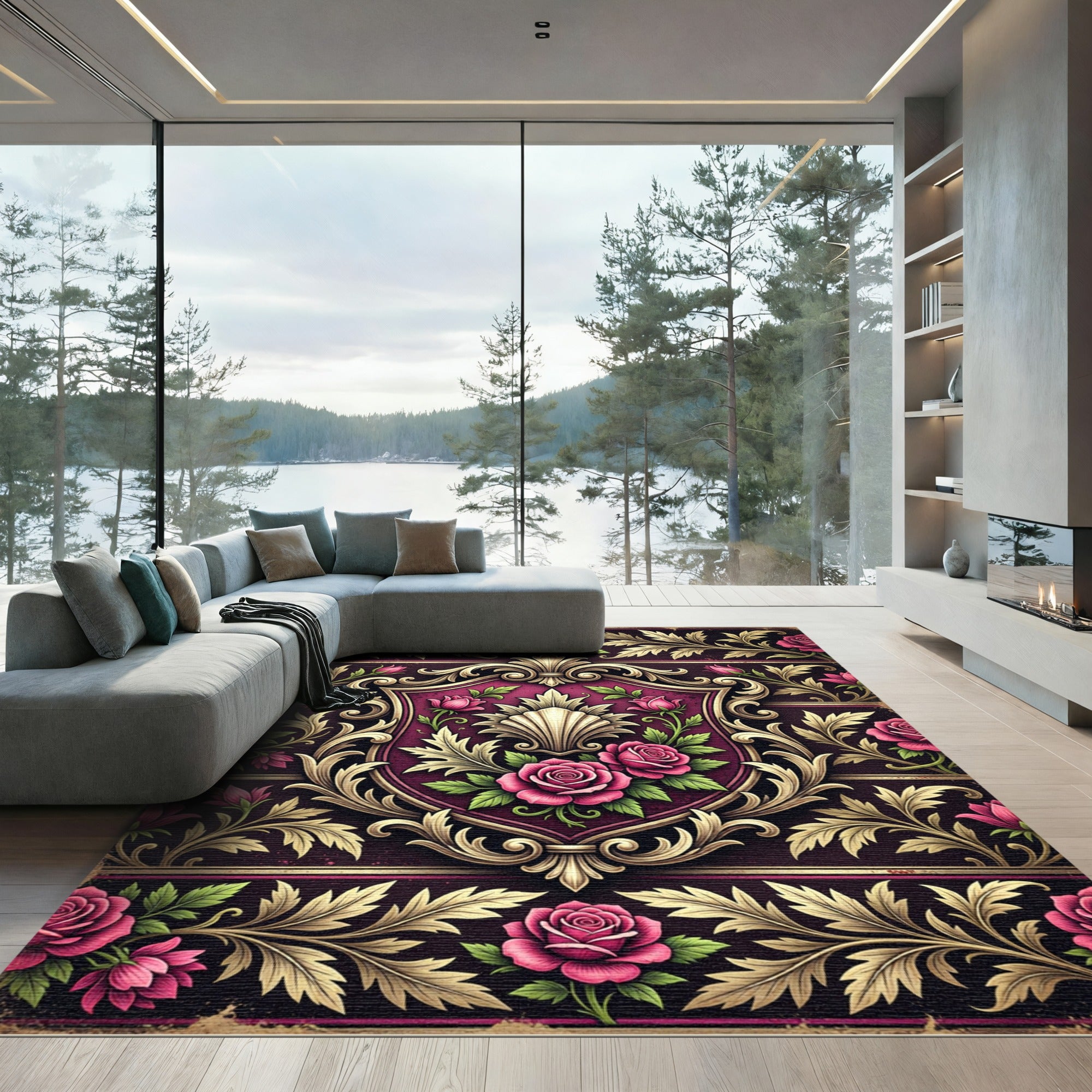 Victorian Damask Rose Floral Shield Rug