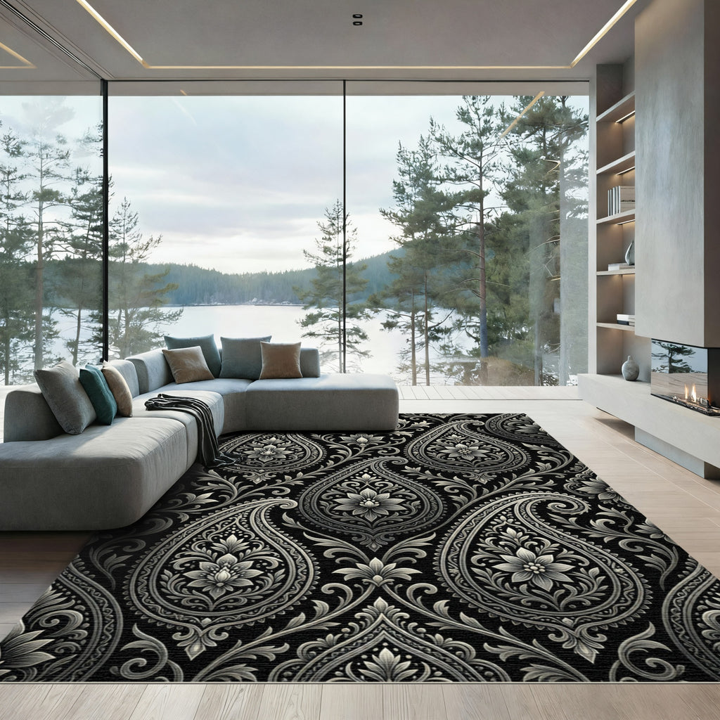 Classic Black White Paisley Floral Rug