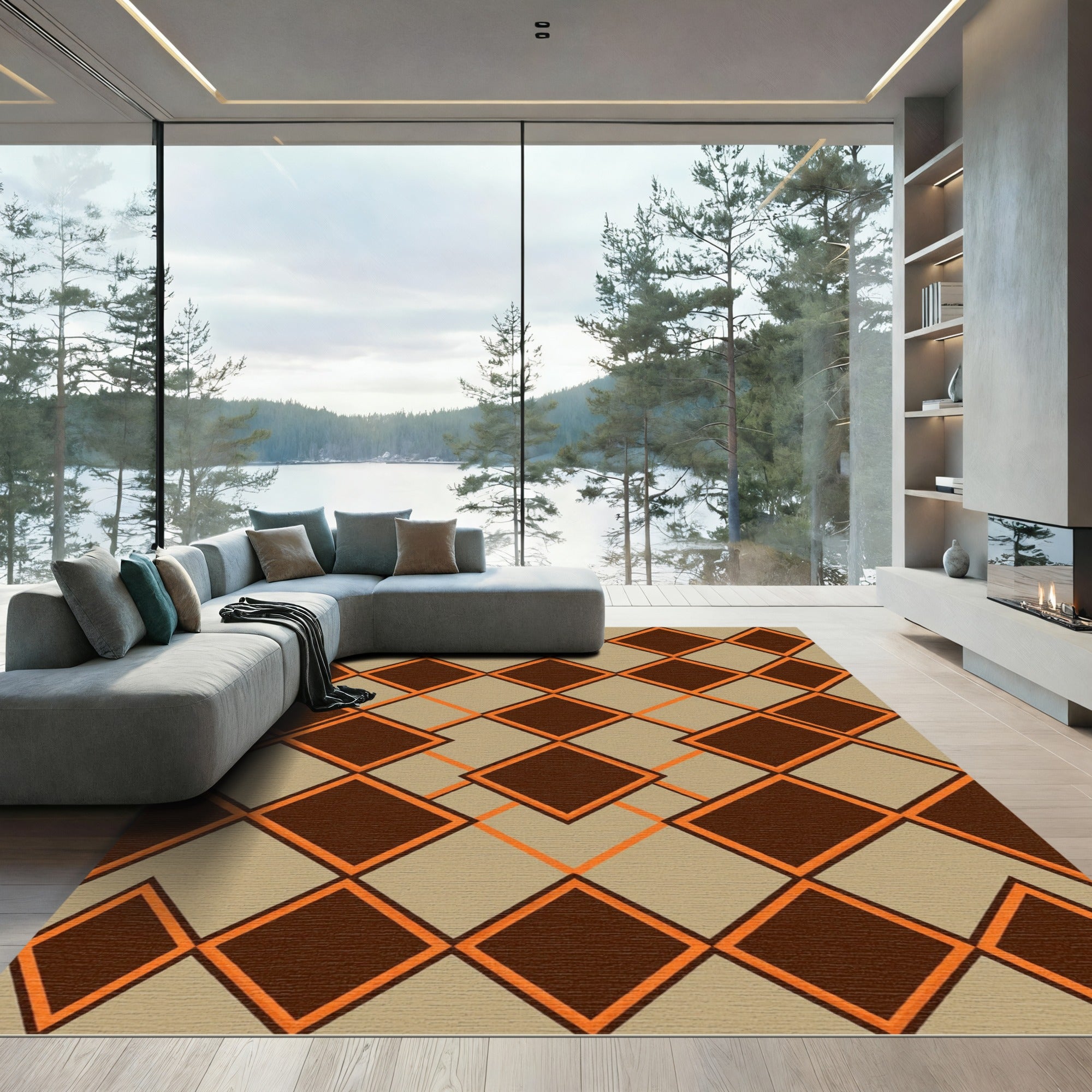 Brown Orange Diamond Geometric Rug