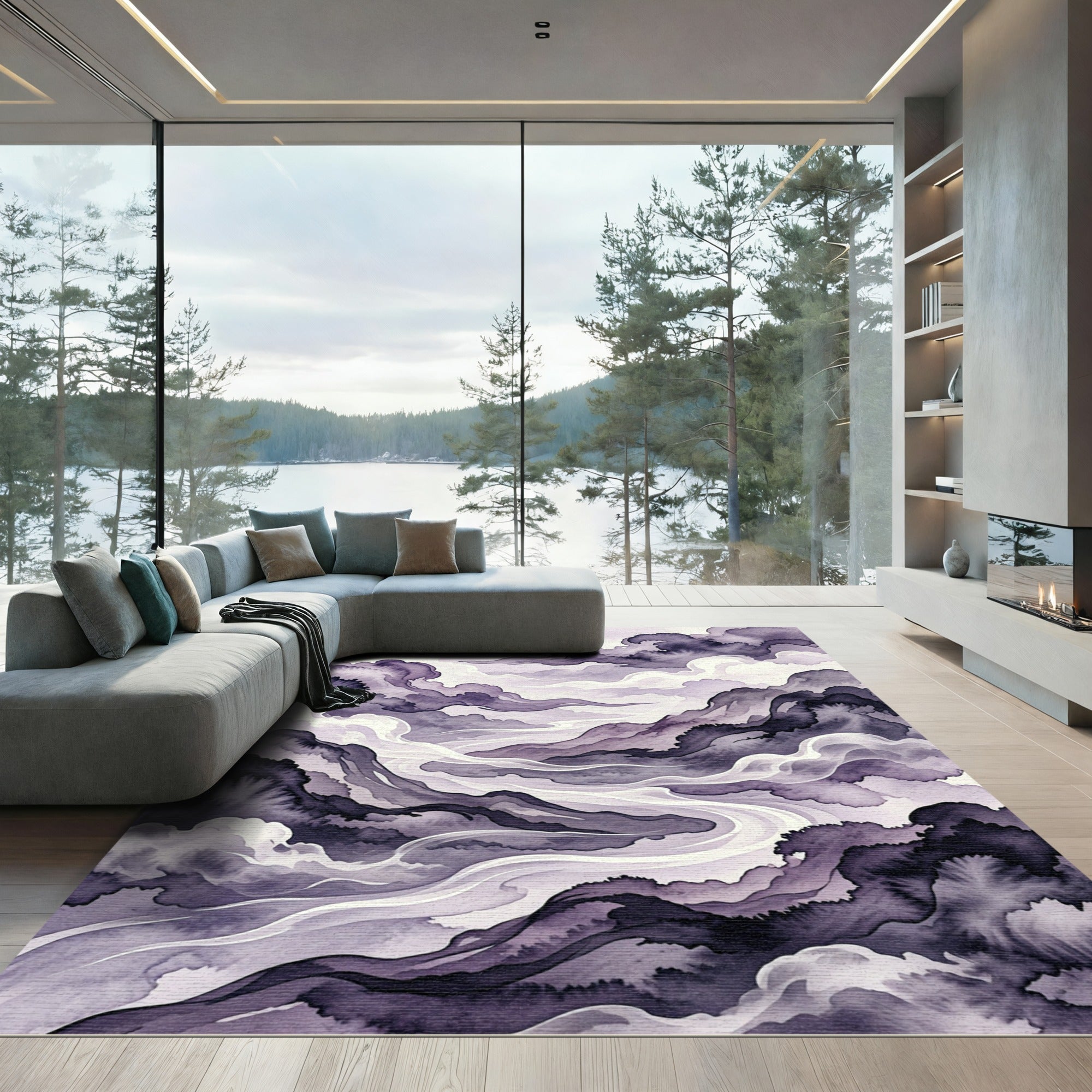 Moody Violet Abstract Atmospheric Swirl Rug