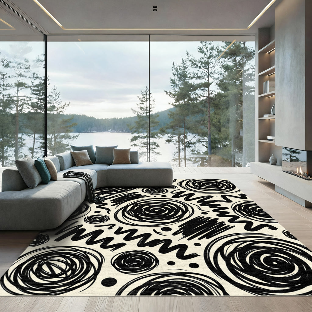 Bold Black Scribble Swirl Composition Rug