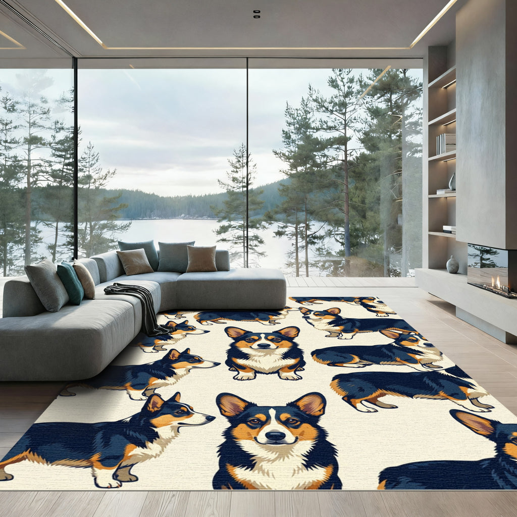 Cute Tricolor Corgi Dog Illustration Rug