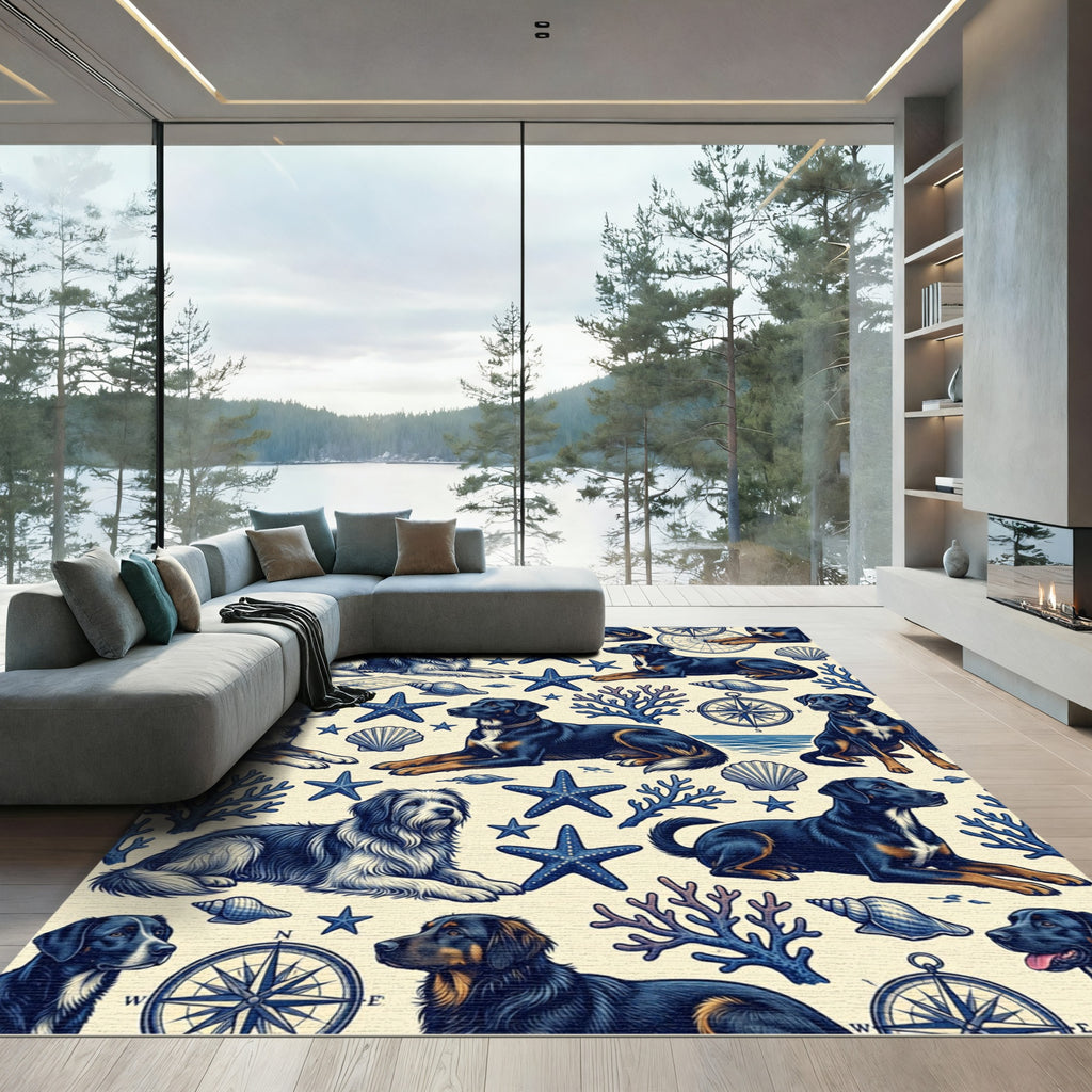 Nautical Navy Dog and Starfish Illustration Rug