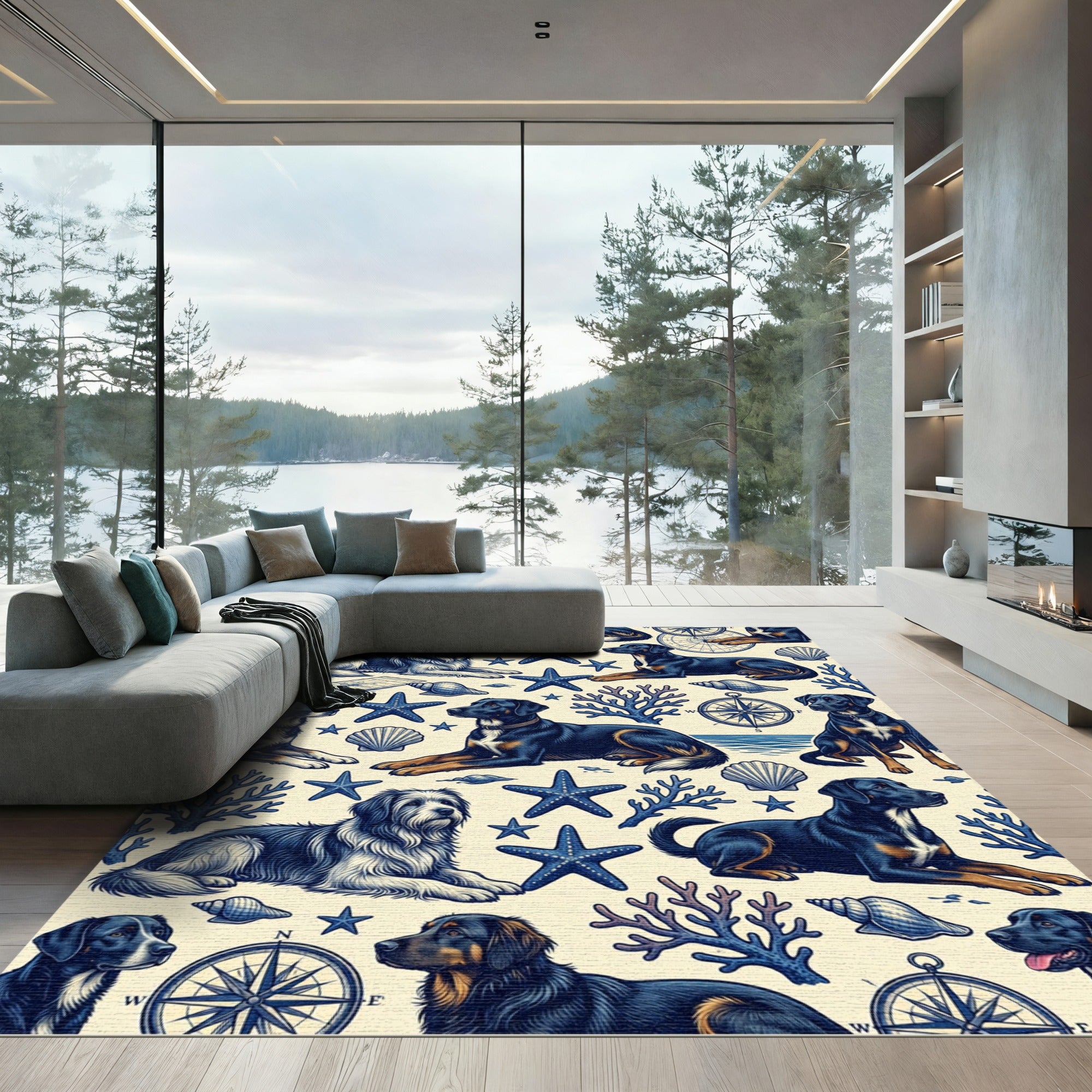 Nautical Navy Dog and Starfish Illustration Rug