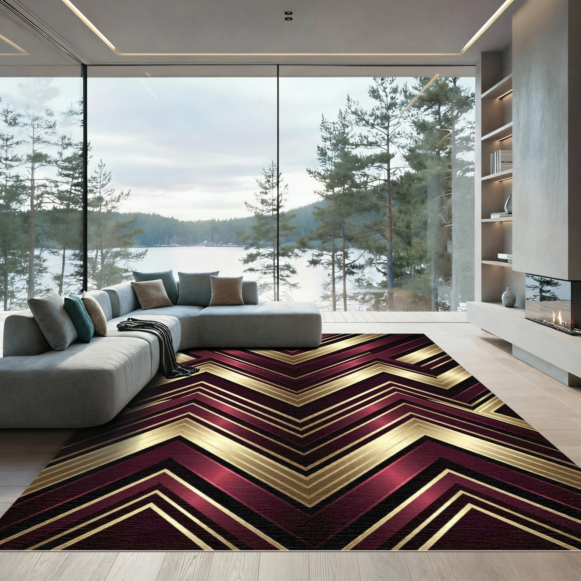 Luxurious Gold and Burgundy Chevron Rug