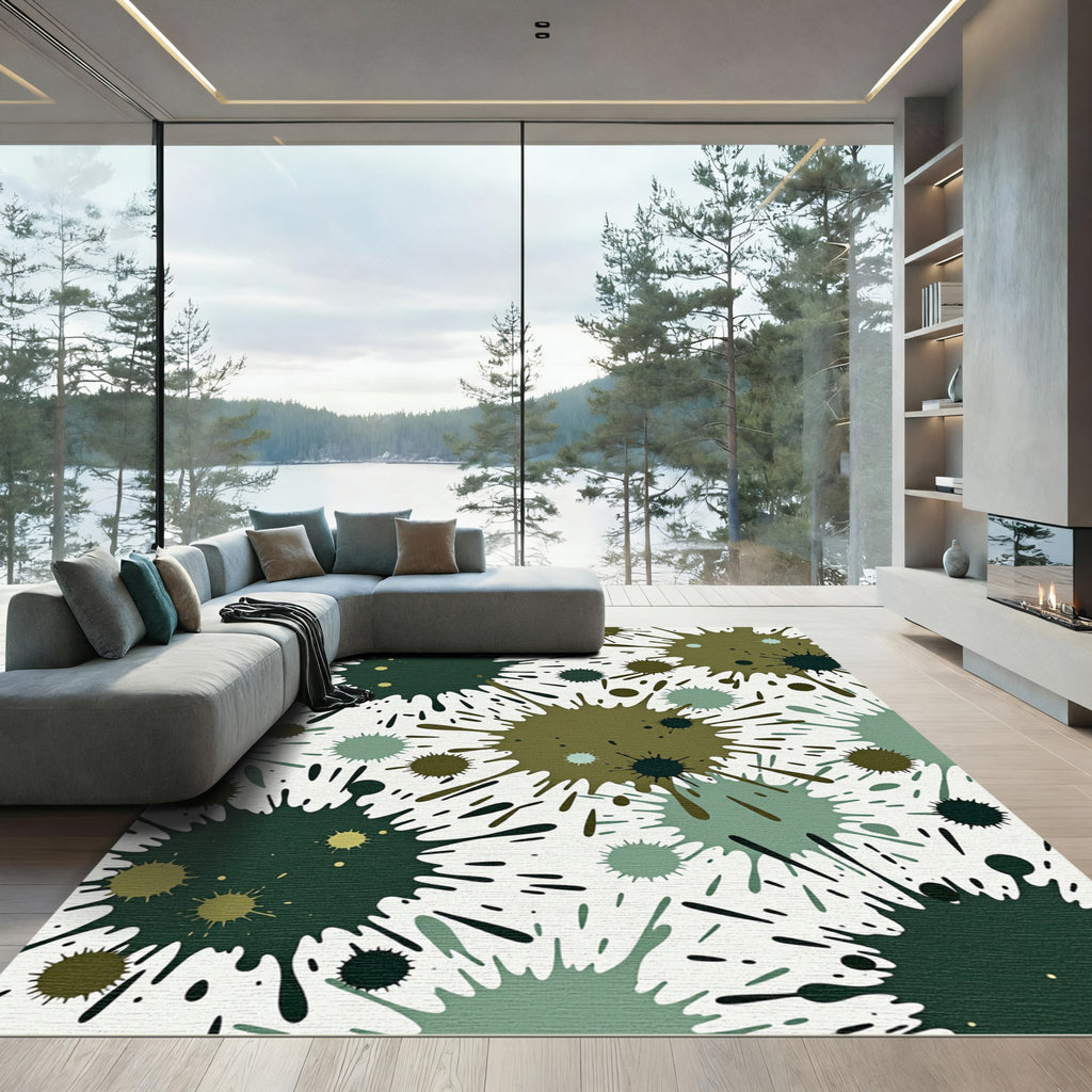 Earthy Sage Forest Green Ink Splatter Rug