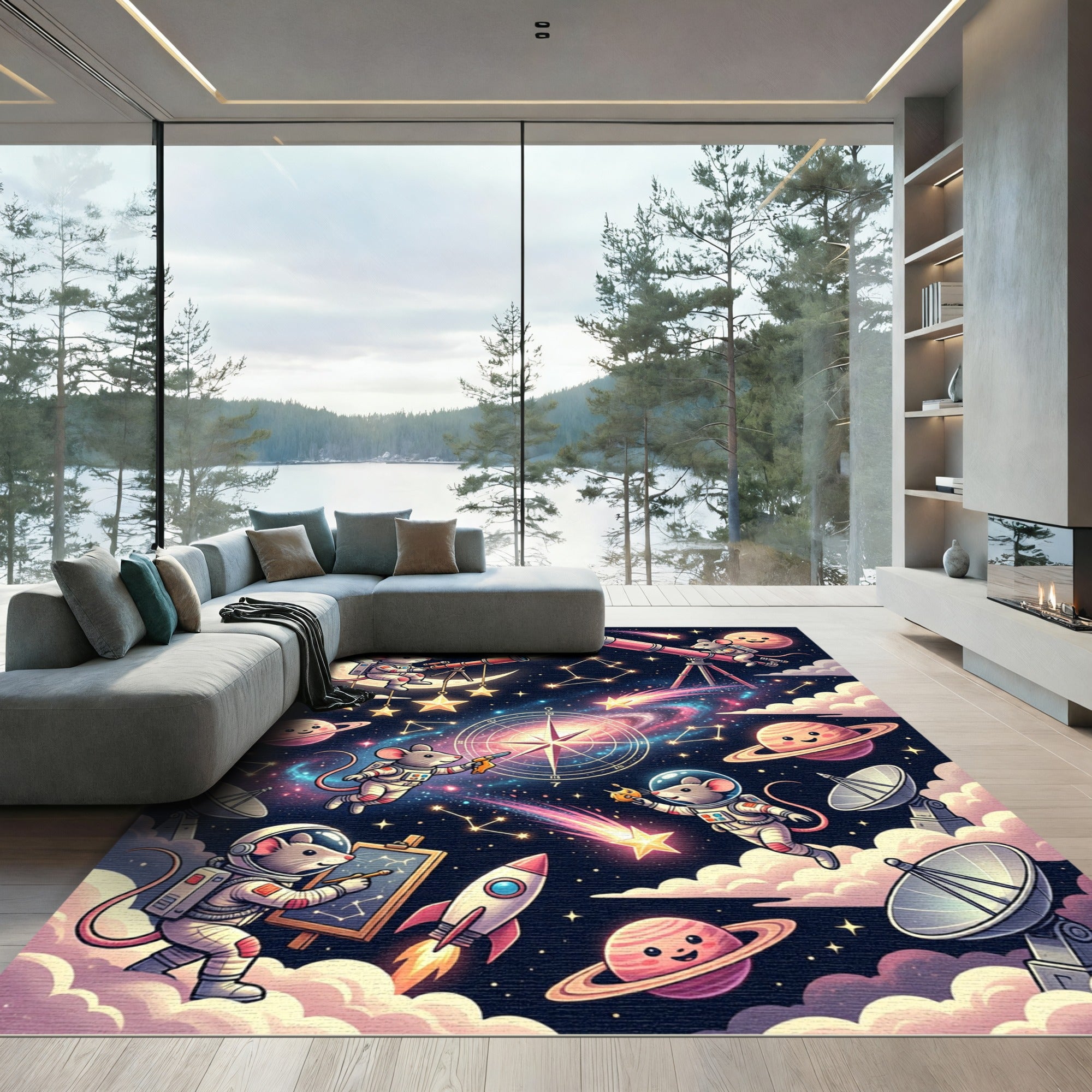 Whimsical Cosmic Space Mouse Planet Rug