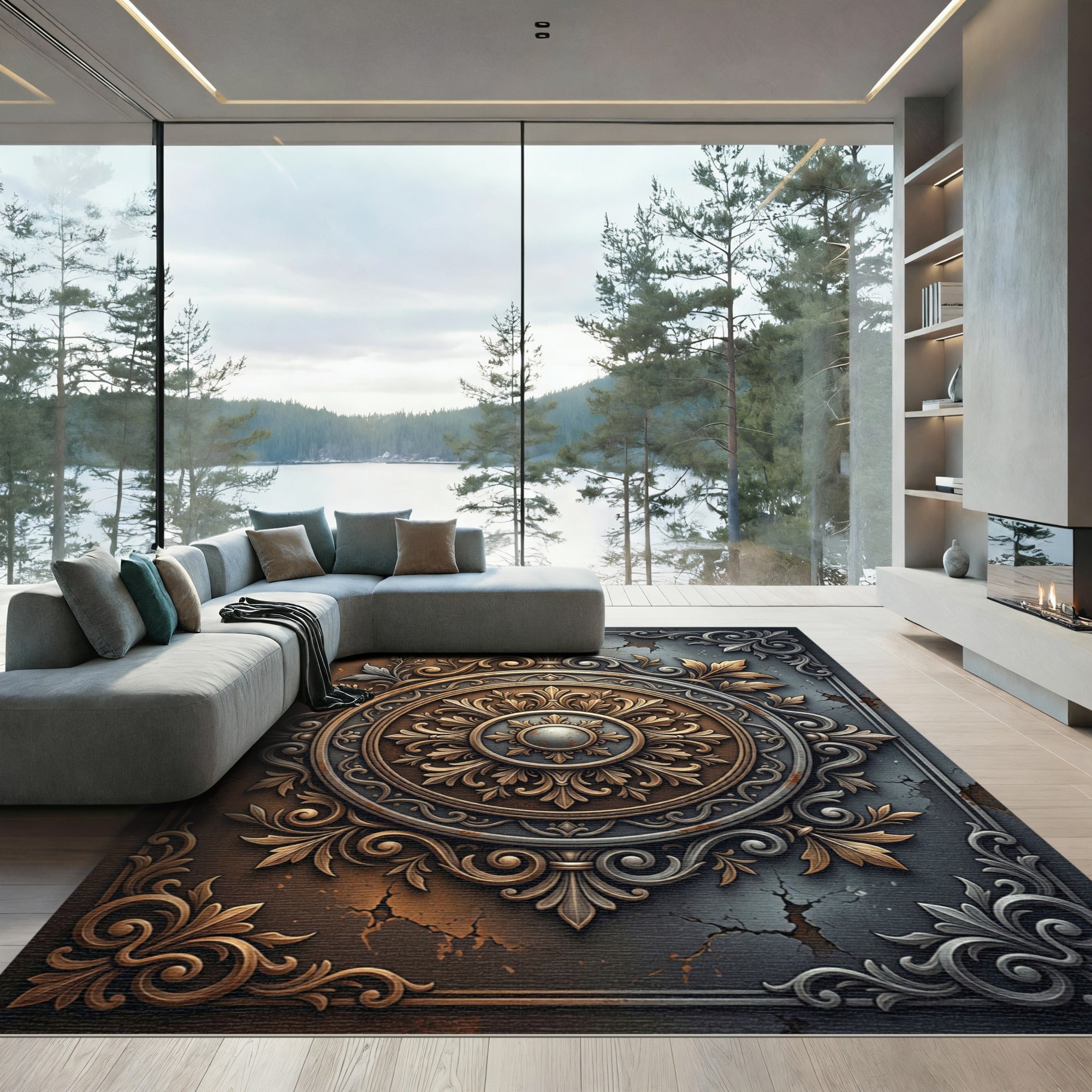 Ornate Golden Bronze Floral Medallion Rug