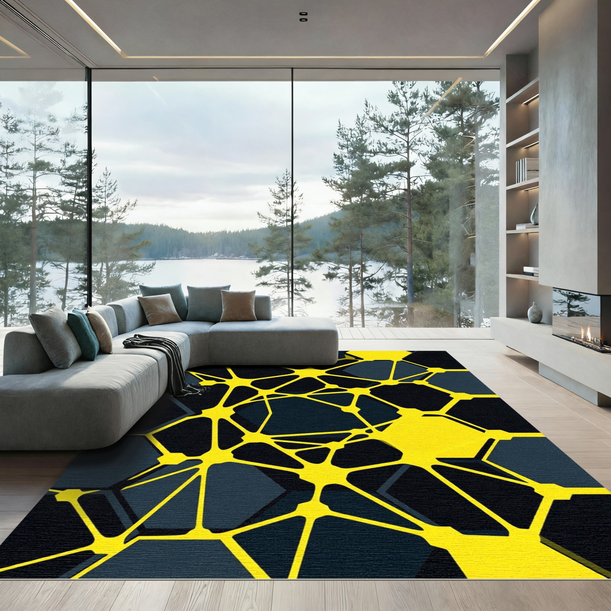 Bold Yellow Abstract Geometric Hexagon Rug