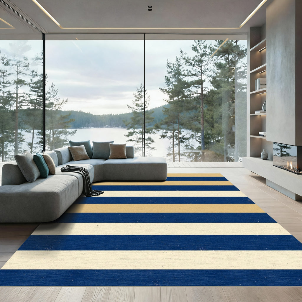 Navy and Beige Horizontal Striped Rug