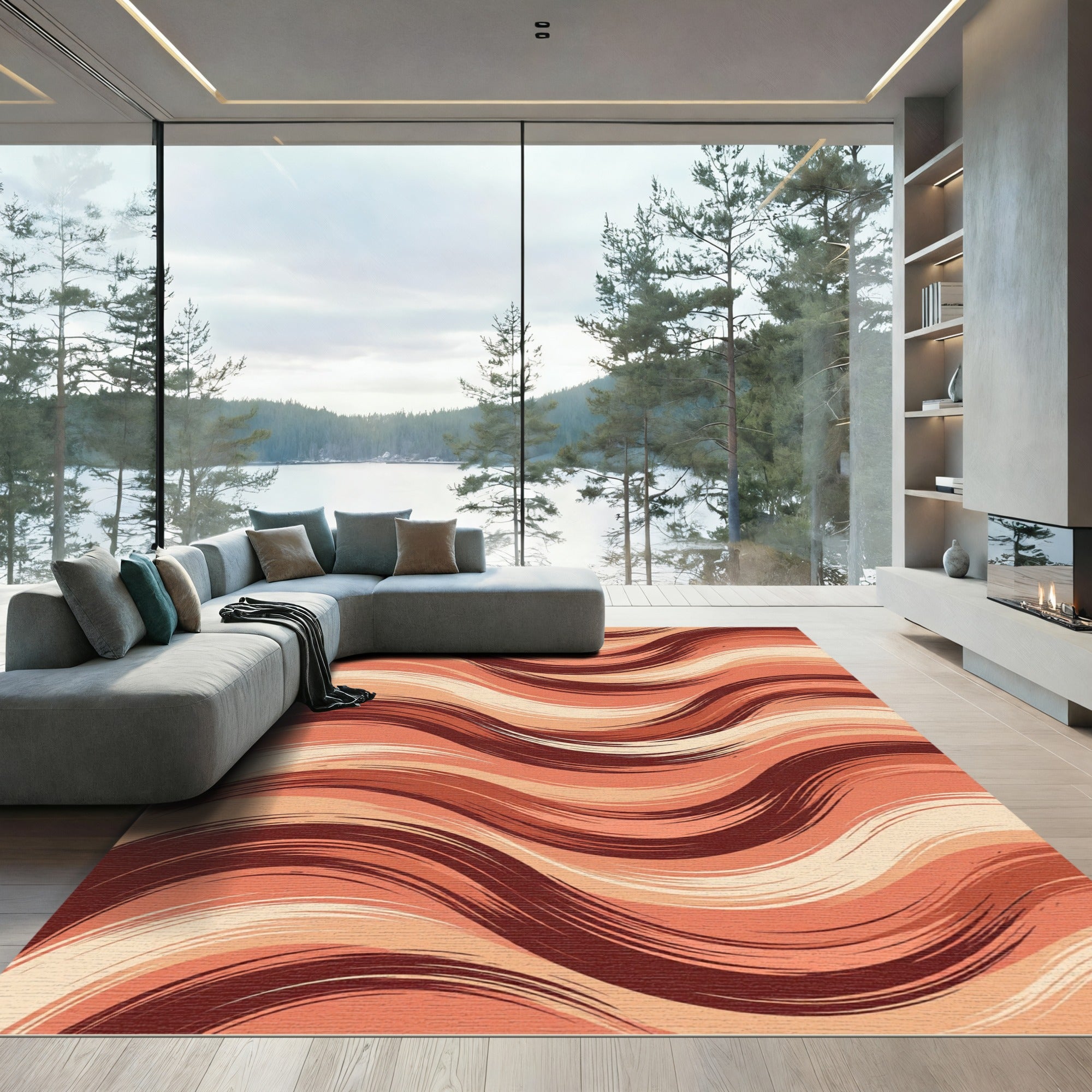 Earthy Terracotta Wavy Abstract Strokes Rug