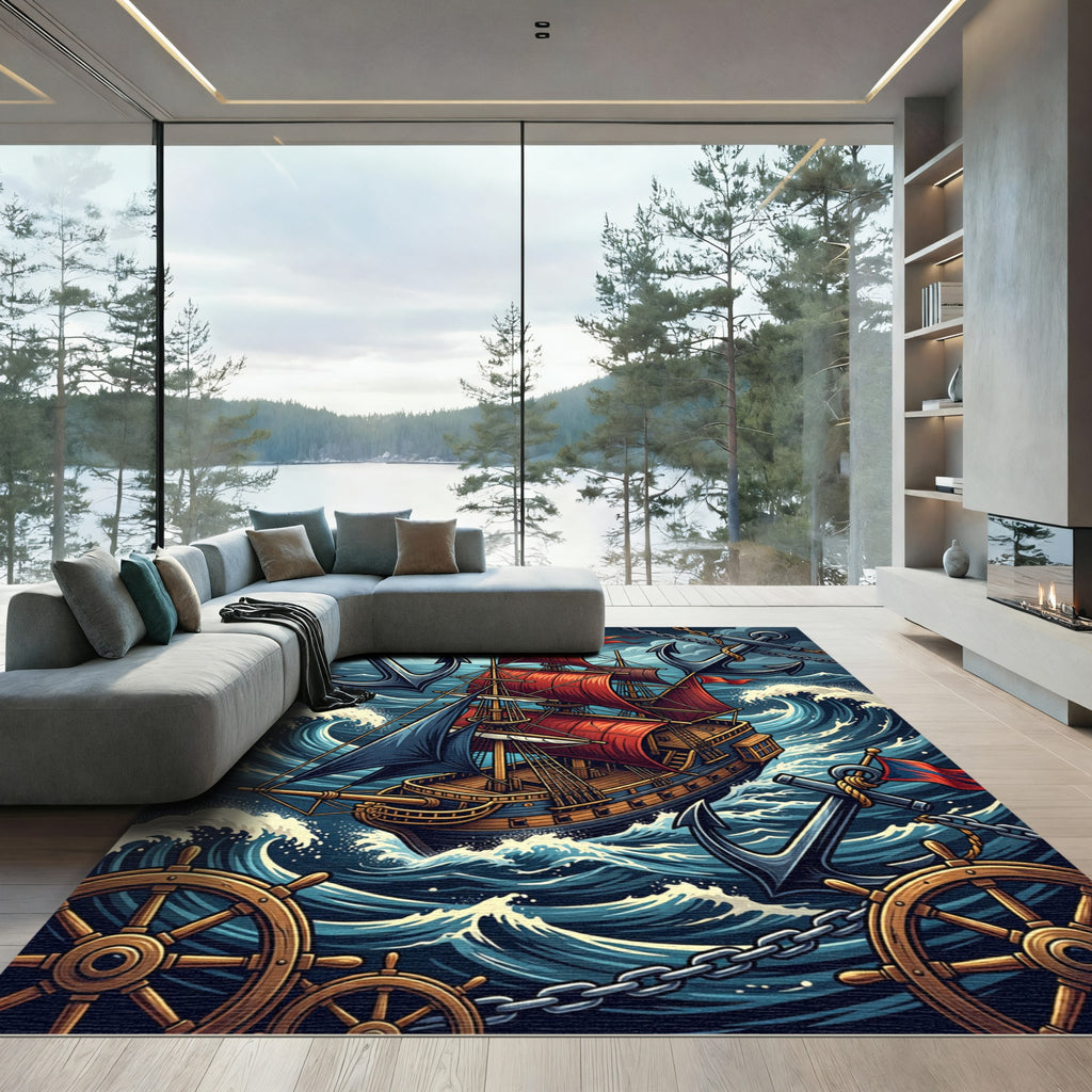 Stormy Red Sail Ship Nautical Anchor Rug