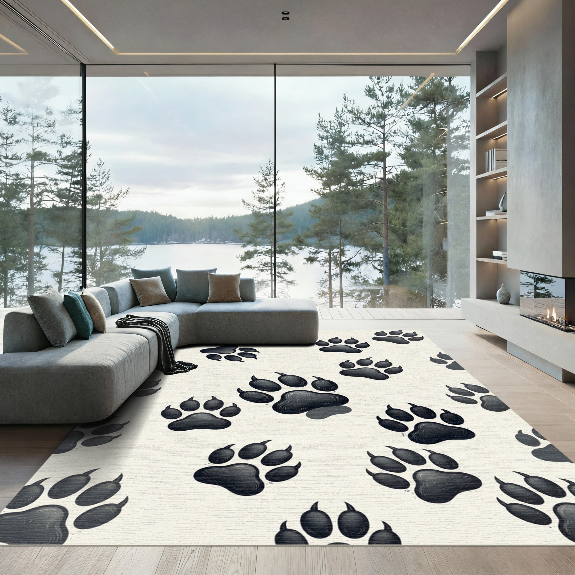 Playful Monochrome Paw Print Rug