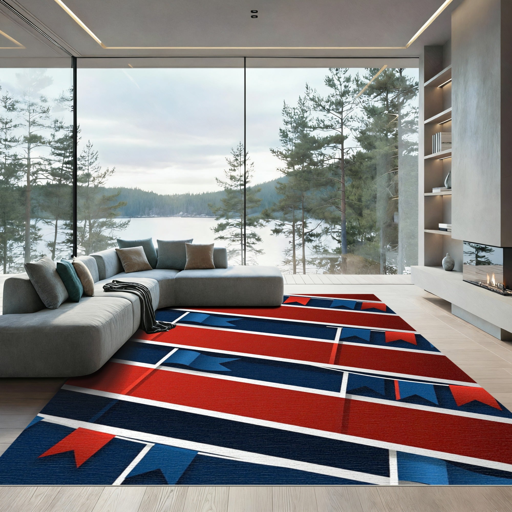 Bold Geometric Red and Blue Pennants Rug