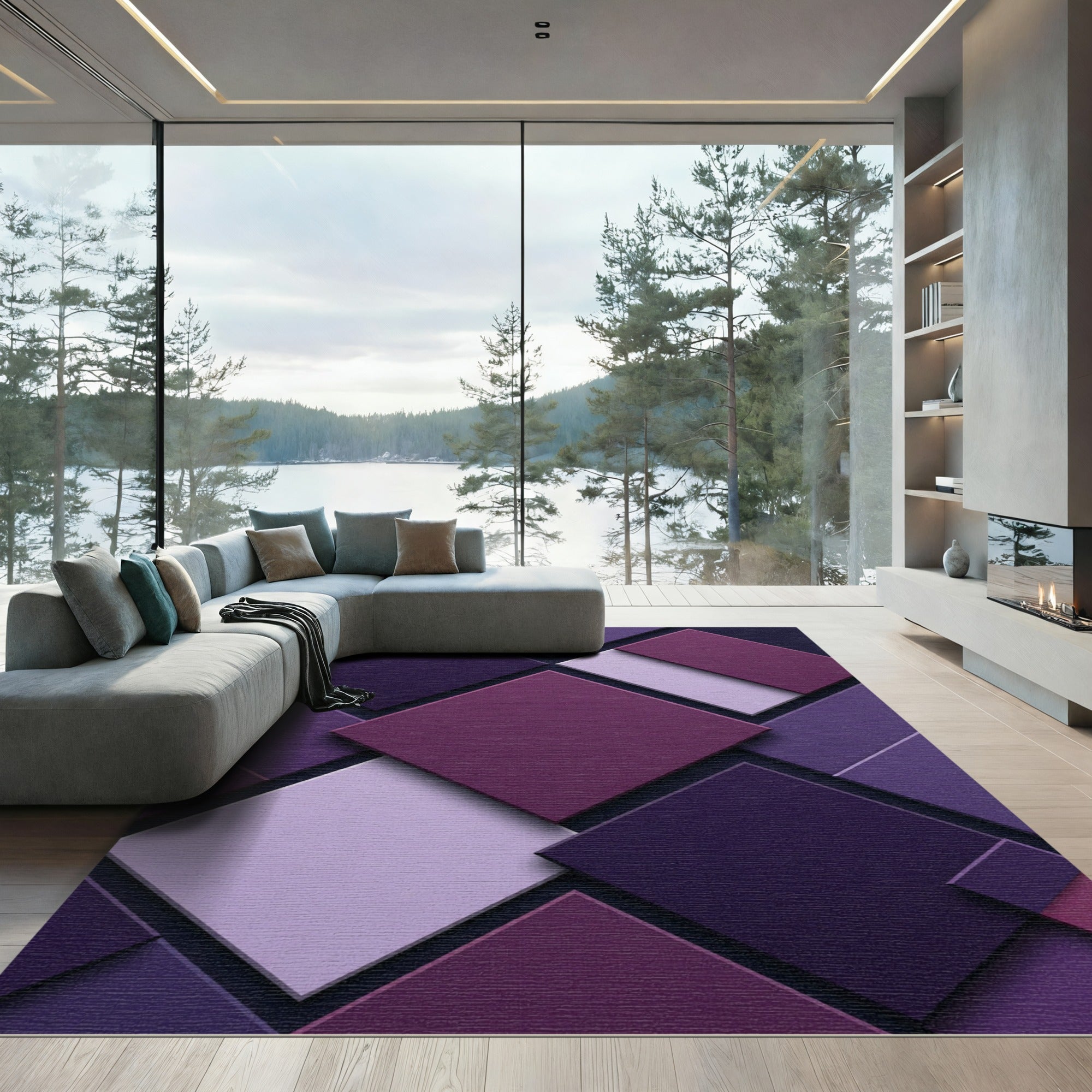 Modern Plum Violet Geometric Layered Block Rug