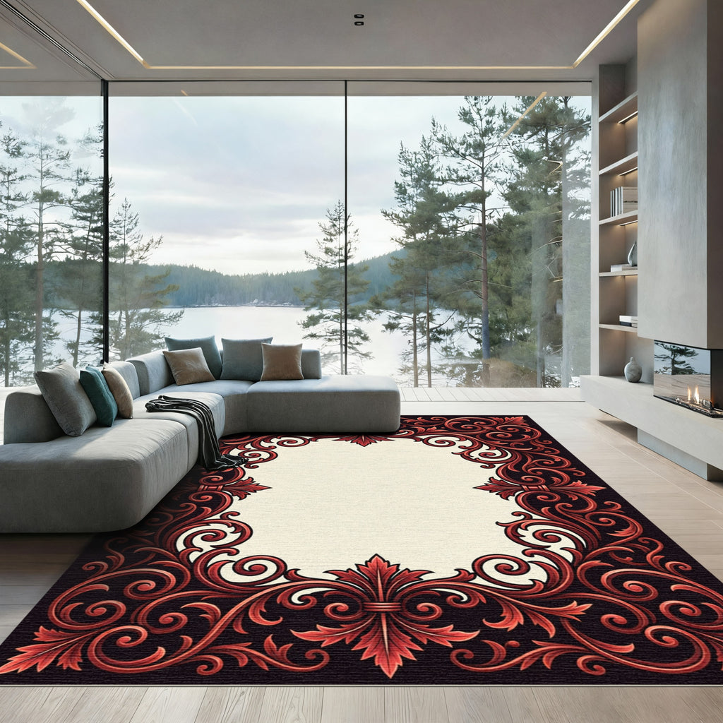 Ornate Crimson Floral Scroll Frame Rug