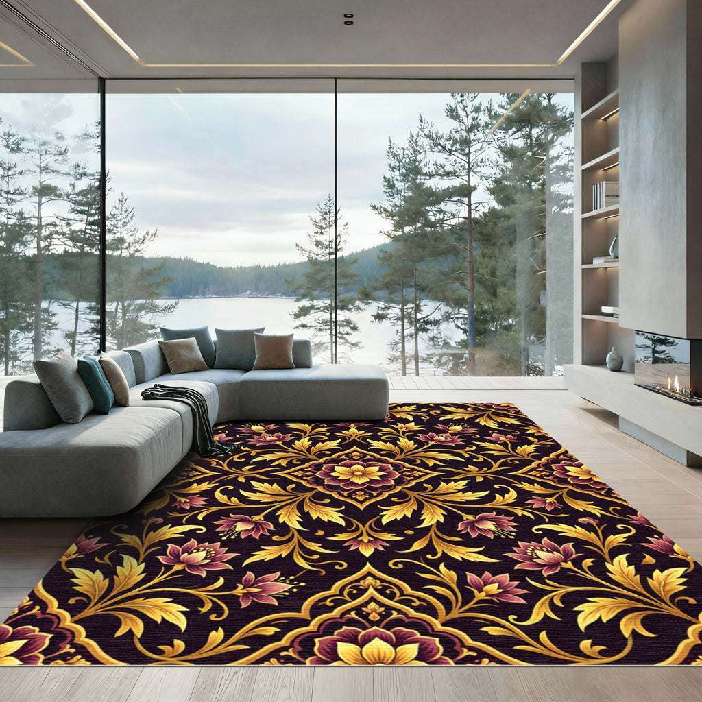 Ornate Golden Floral Damask Midnight Rug