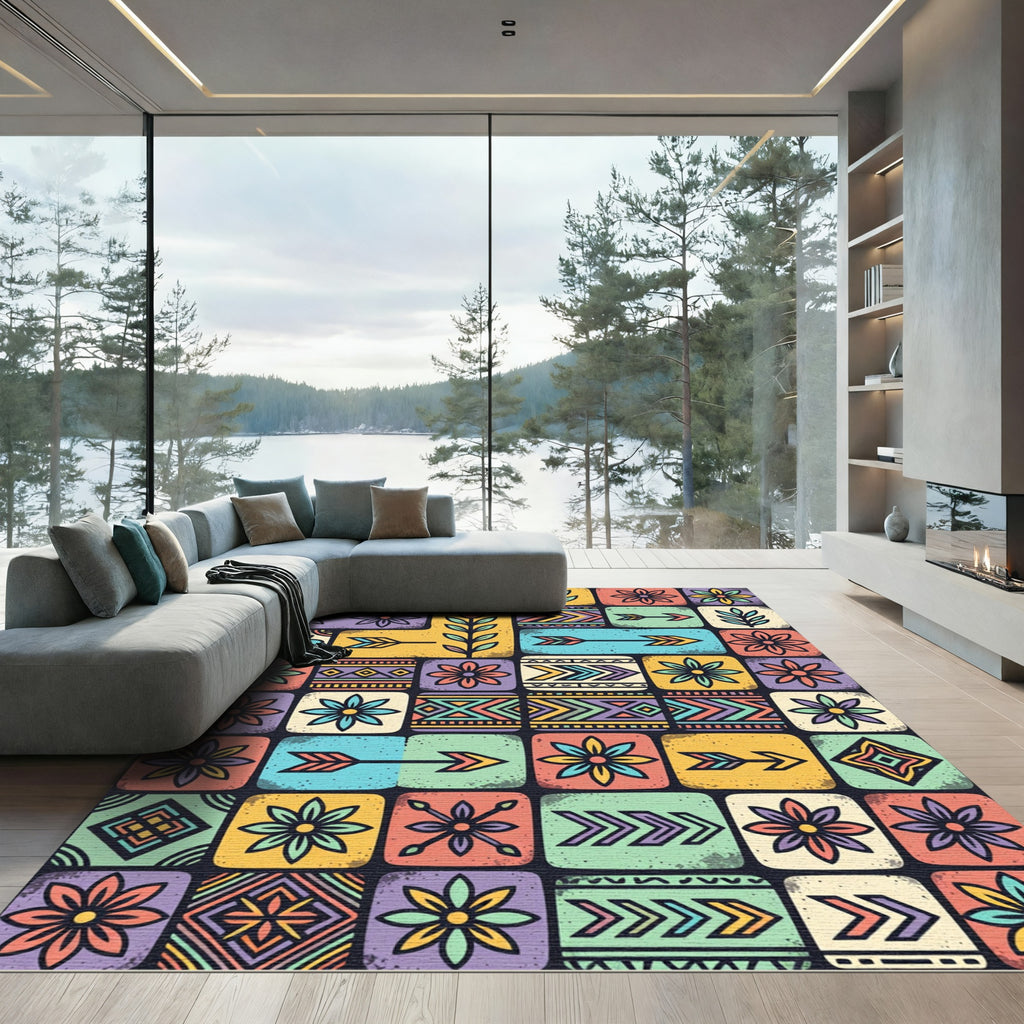 Colorful Boho Floral Geometric Tile Art Rug