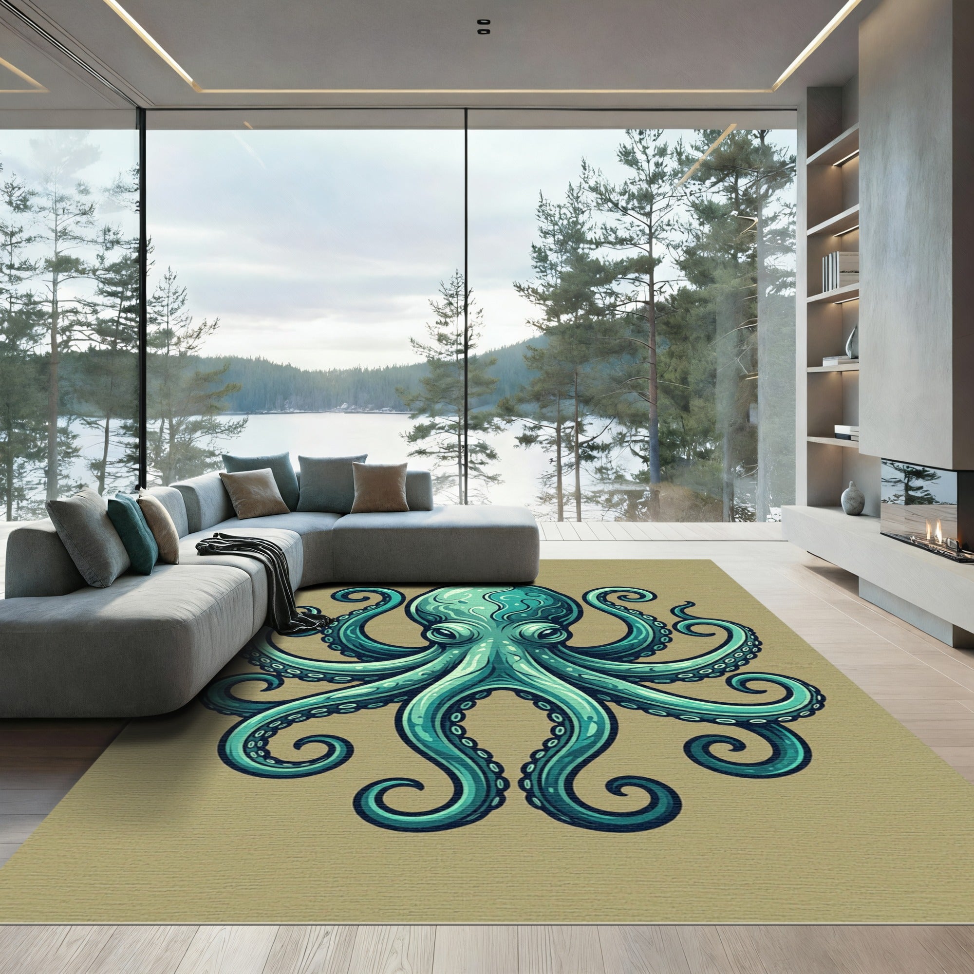 Majestic Teal Octopus Ocean Creature Rug