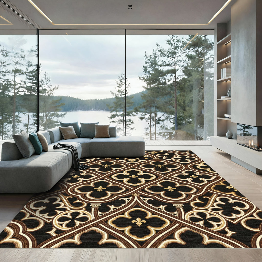 Gothic Black Gold Quatrefoil Scroll Rug