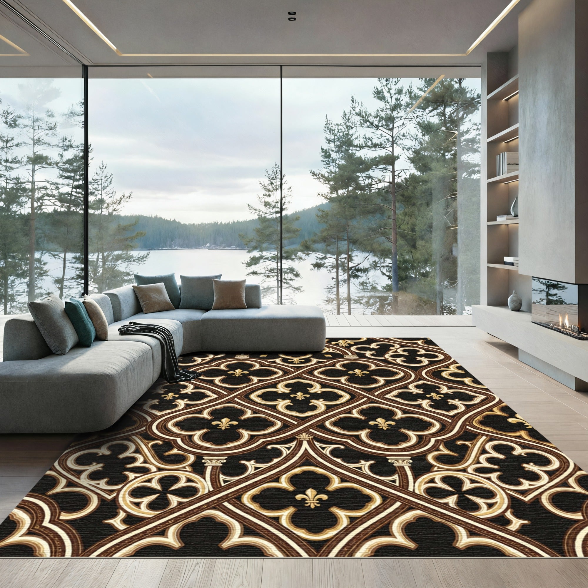 Gothic Black Gold Quatrefoil Scroll Rug