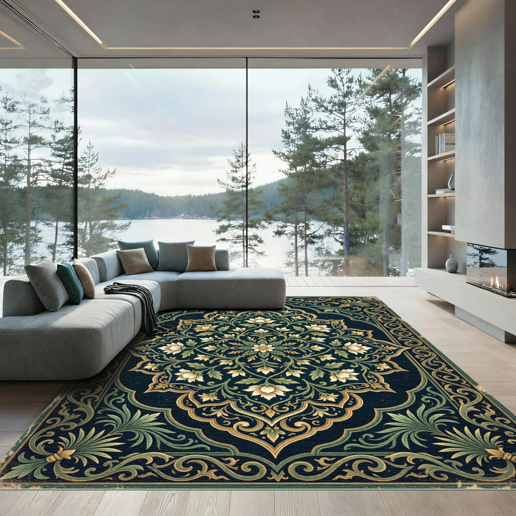 Elegant Midnight Emerald Floral Medallion Rug