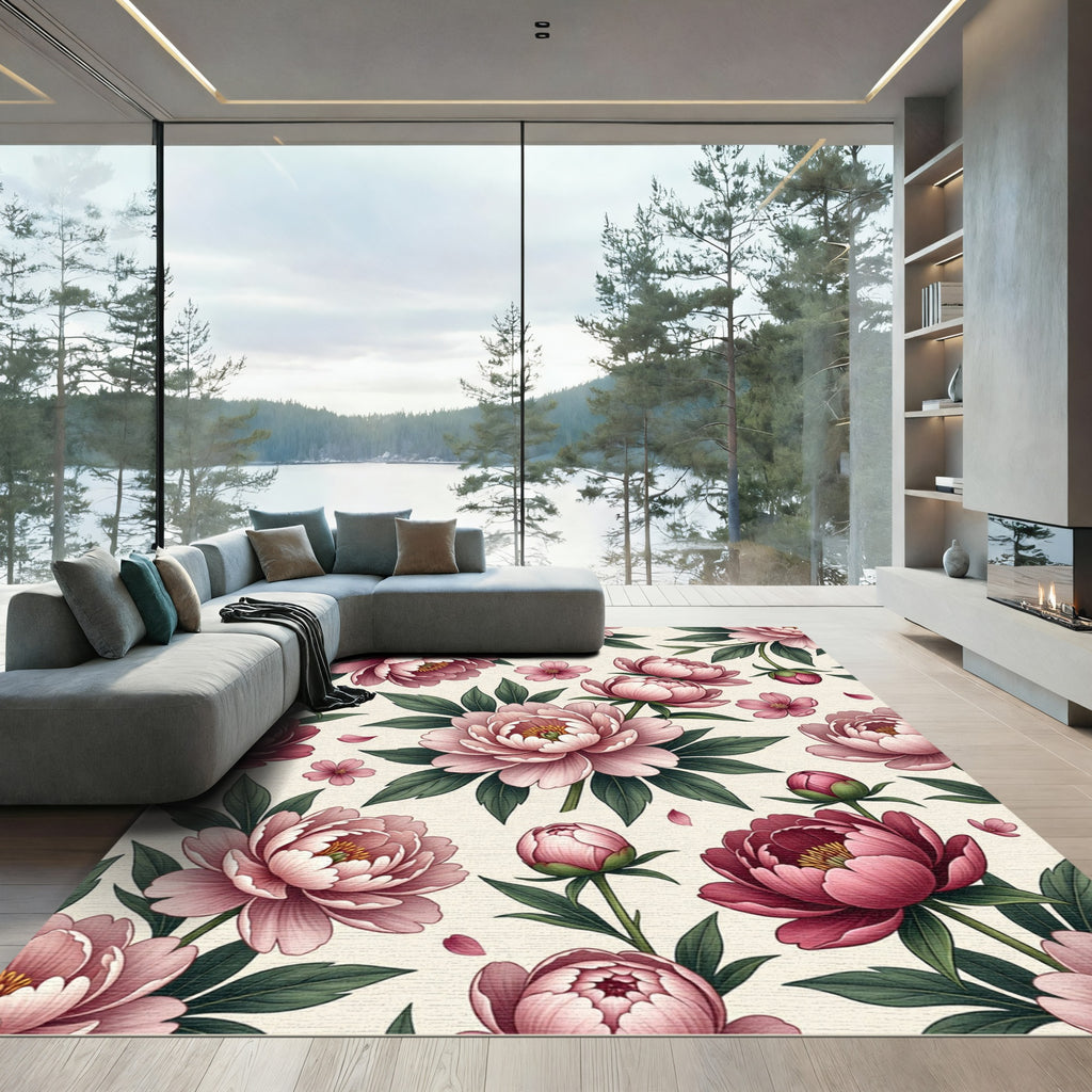 Romantic Pink Floral Peony Medallion Rug