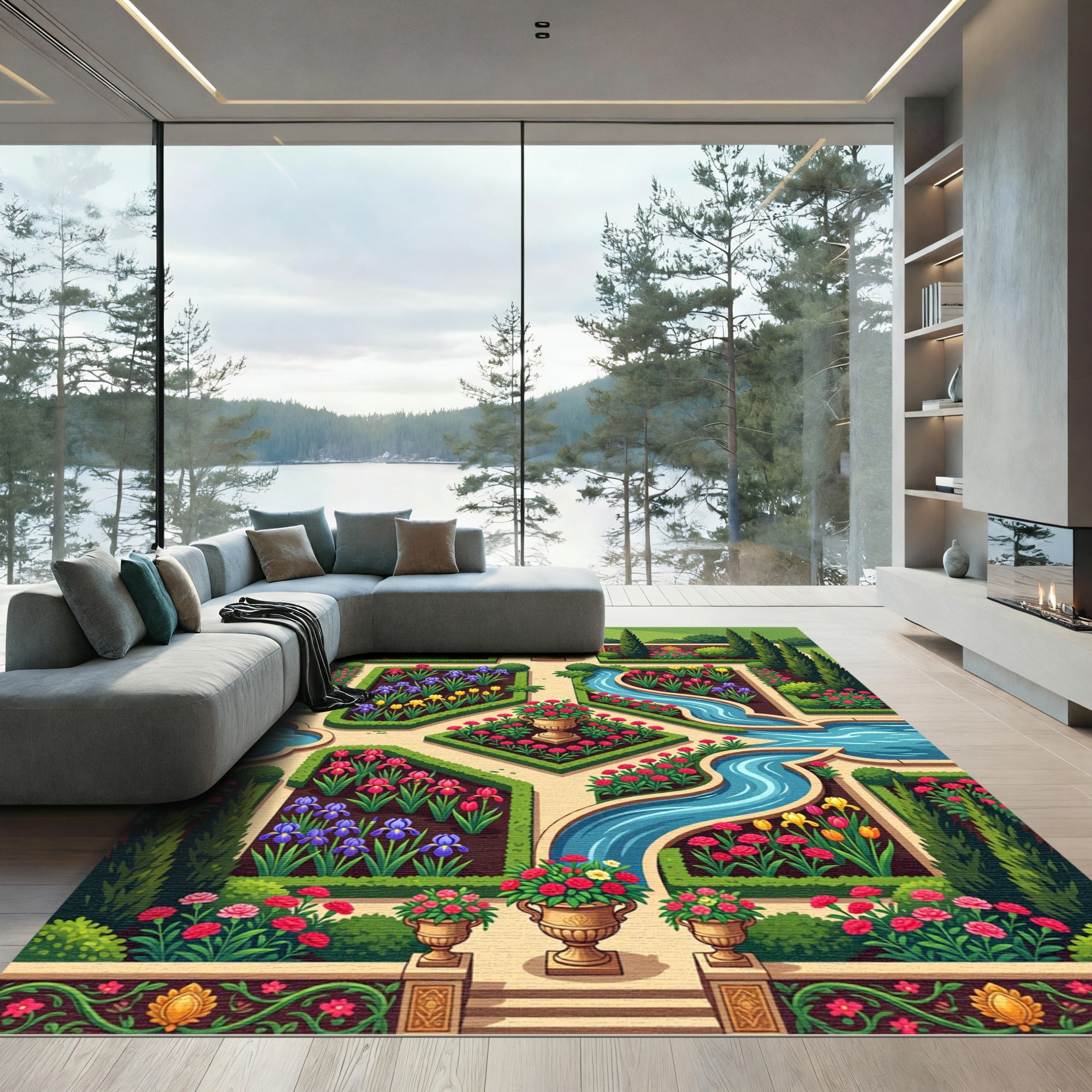 Formal Garden Pink Red Iris Tulip Rug