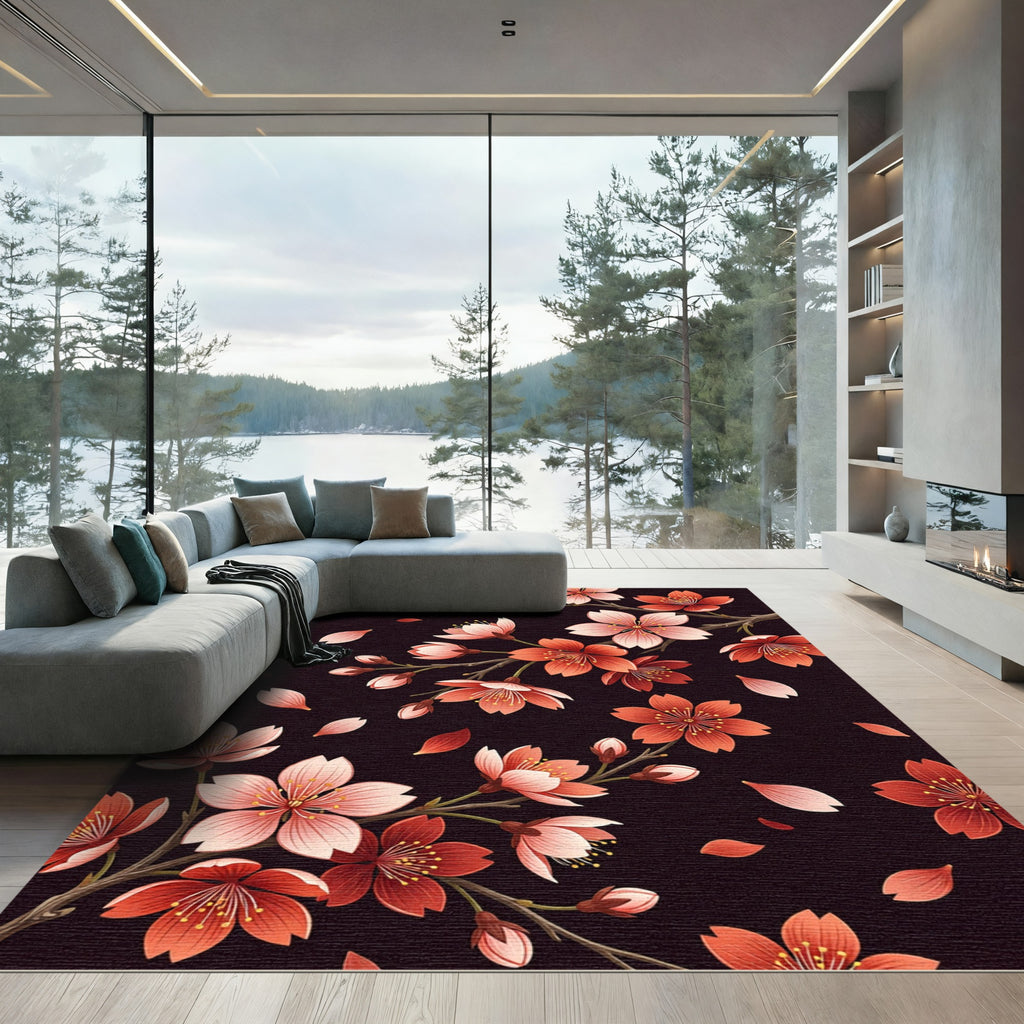 Red Cherry Blossom Petal Arrangement Rug