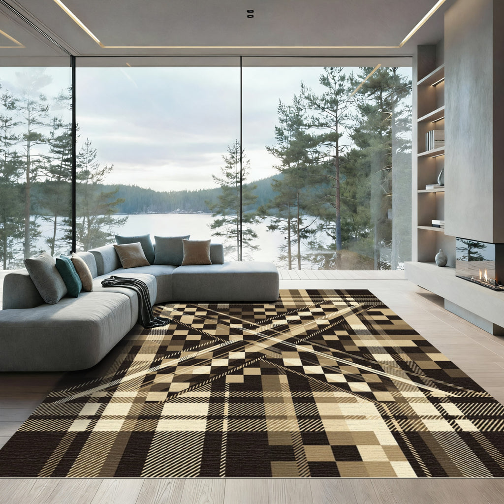 Modern Neutral Plaid Geometric X Rug