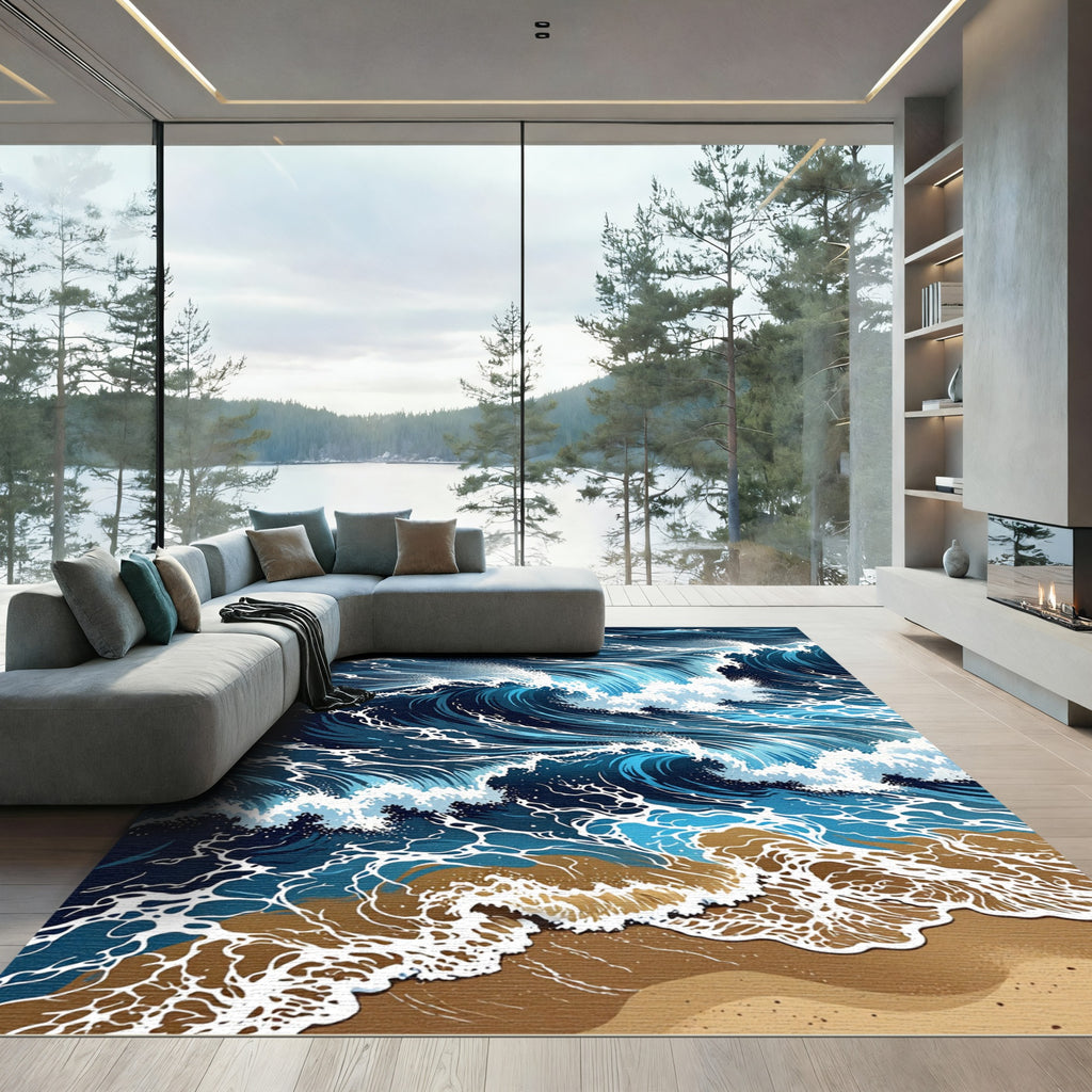 Dramatic Navy Blue Ocean Wave Rug