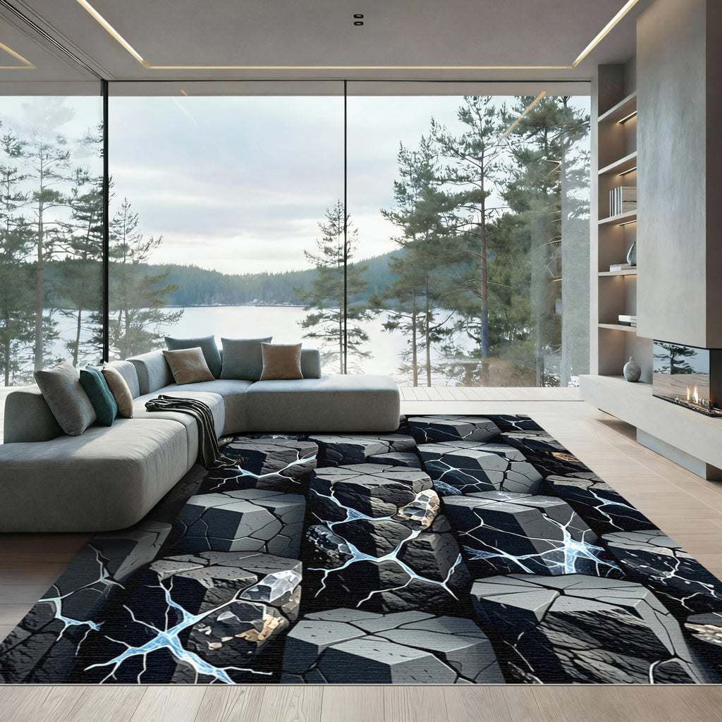 Dark Gray Cracked Hexagonal Columns Rug
