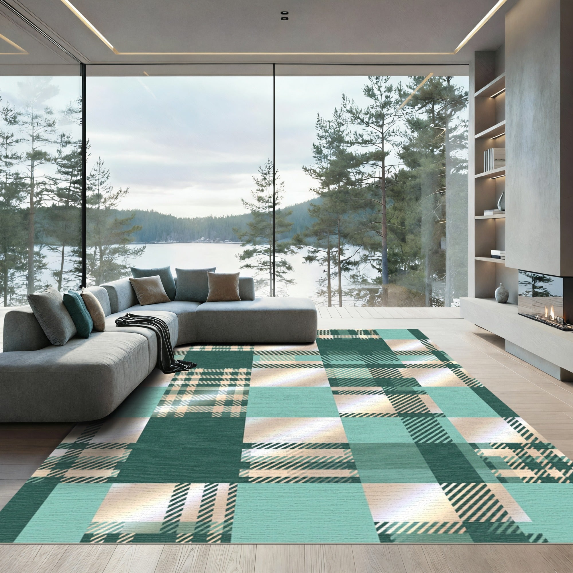 Teal Emerald Gold Plaid Patchwork Rug