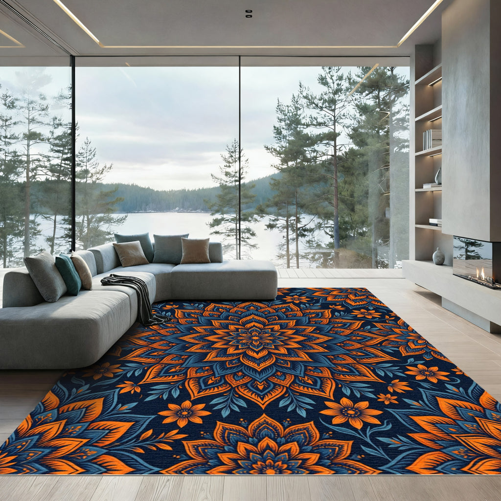 Vibrant Orange Blue Floral Mandala Rug