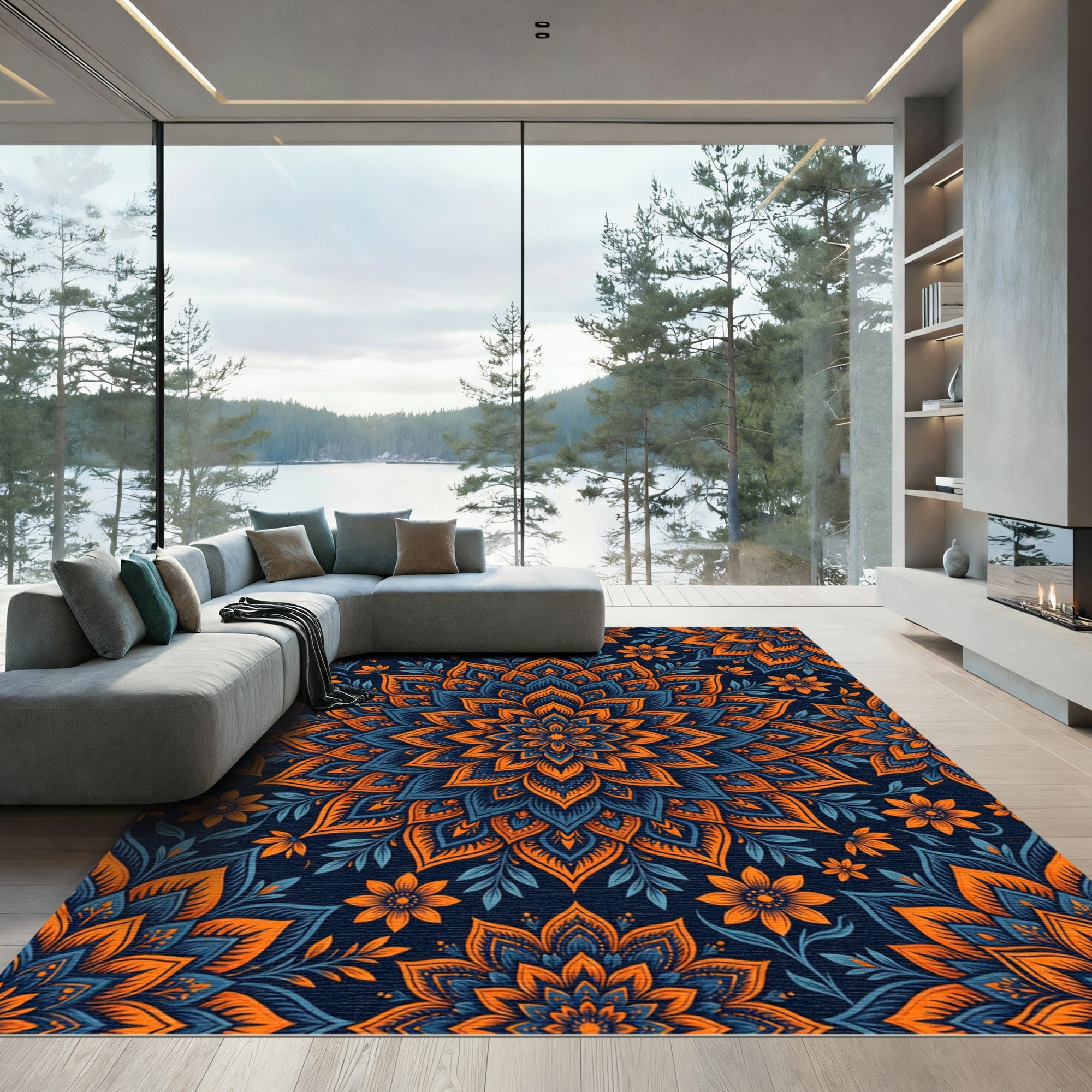 Vibrant Orange Blue Floral Mandala Rug
