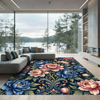 Blooming Peony Floral Navy Botanical Art Rug