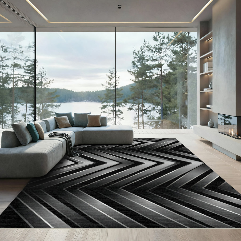Metallic Gray Chevron Stripe Rug