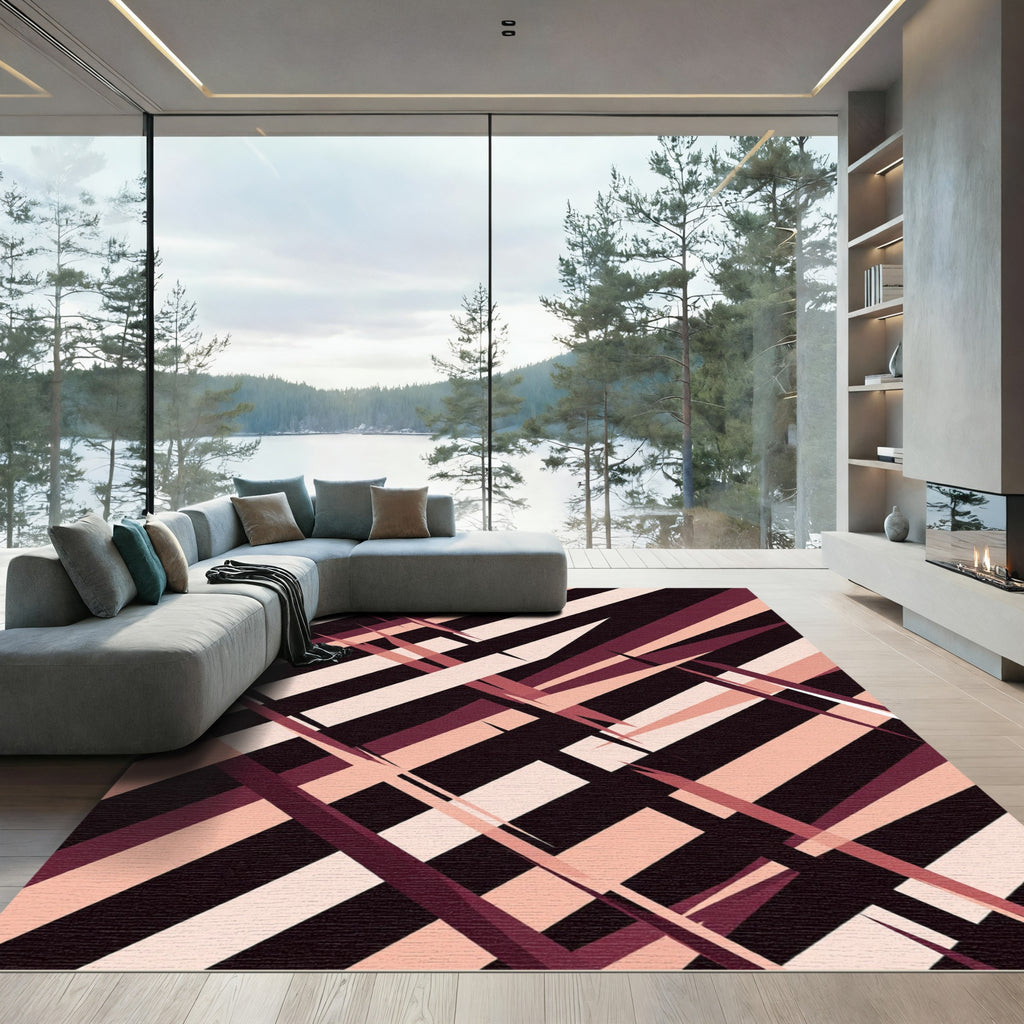 Crimson Pink Geometric Stripe Abstraction Rug