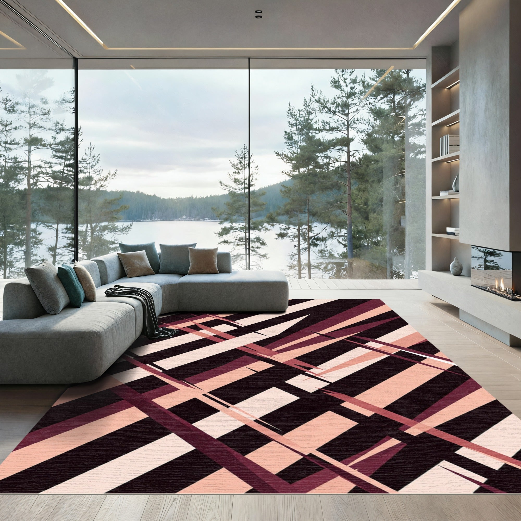 Crimson Pink Geometric Stripe Abstraction Rug