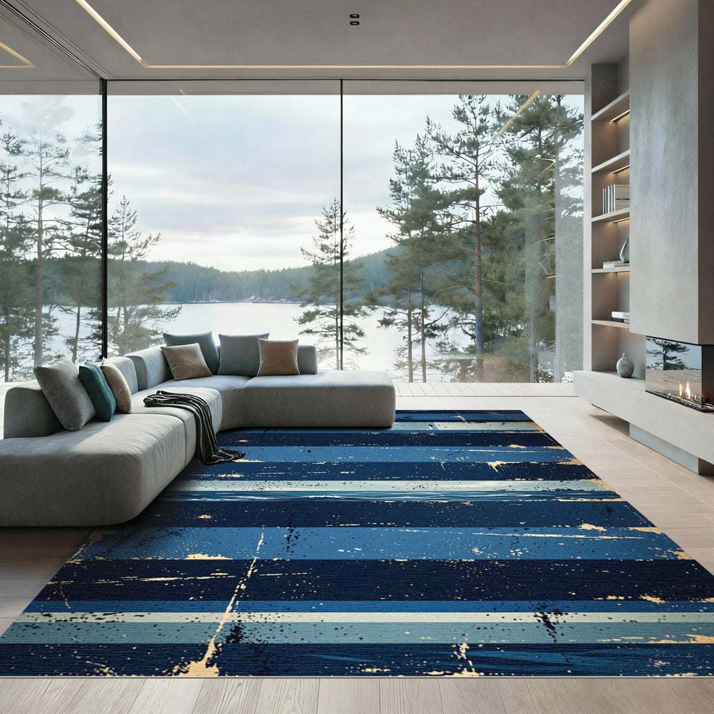 Distressed Indigo Blue Nautical Striped Sea Rug