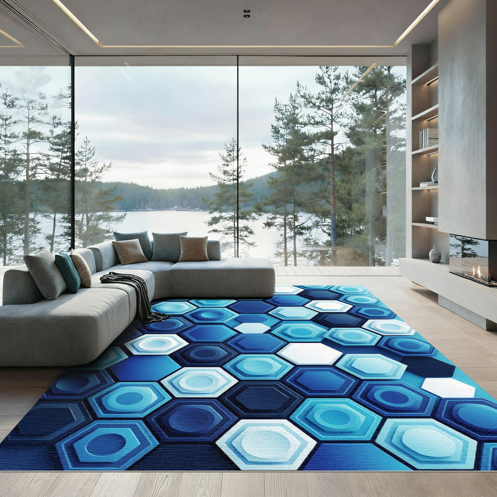 Modern Blue Dimensional Geometric Hexagons Rug