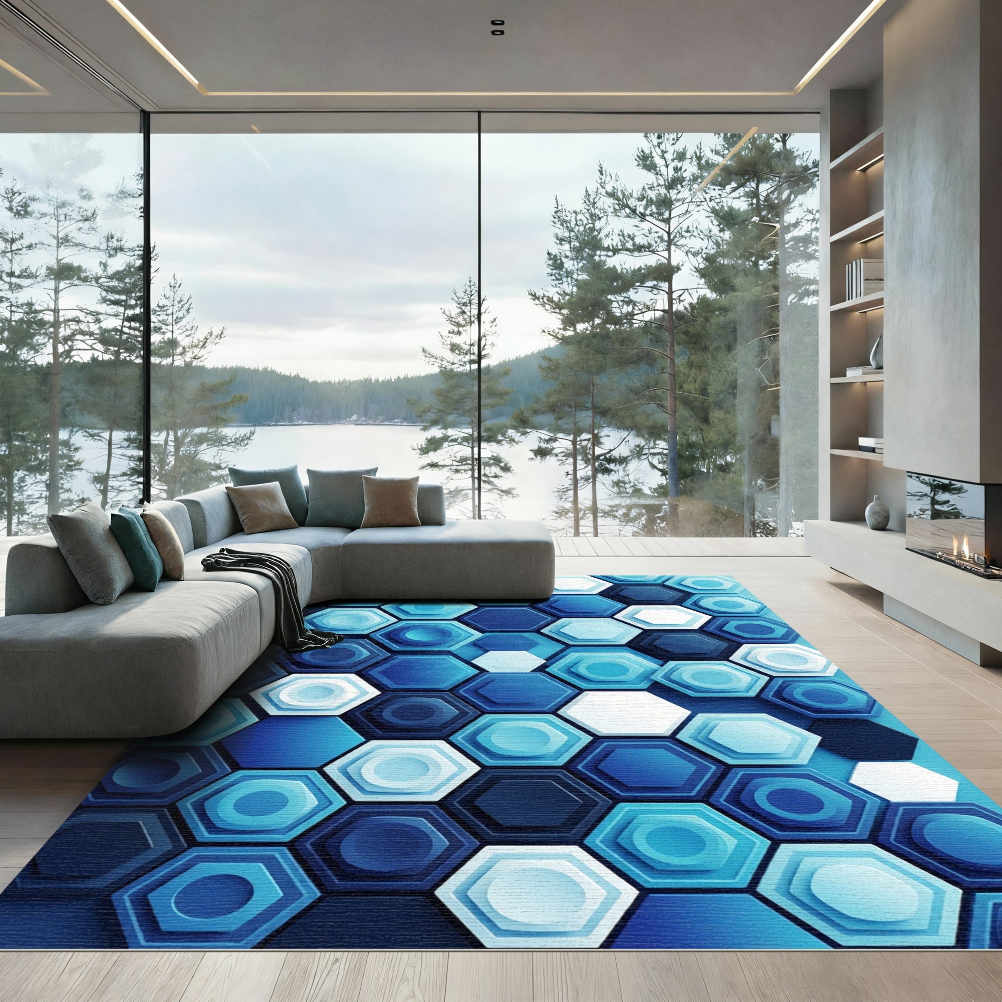 Modern Blue Dimensional Geometric Hexagons Rug
