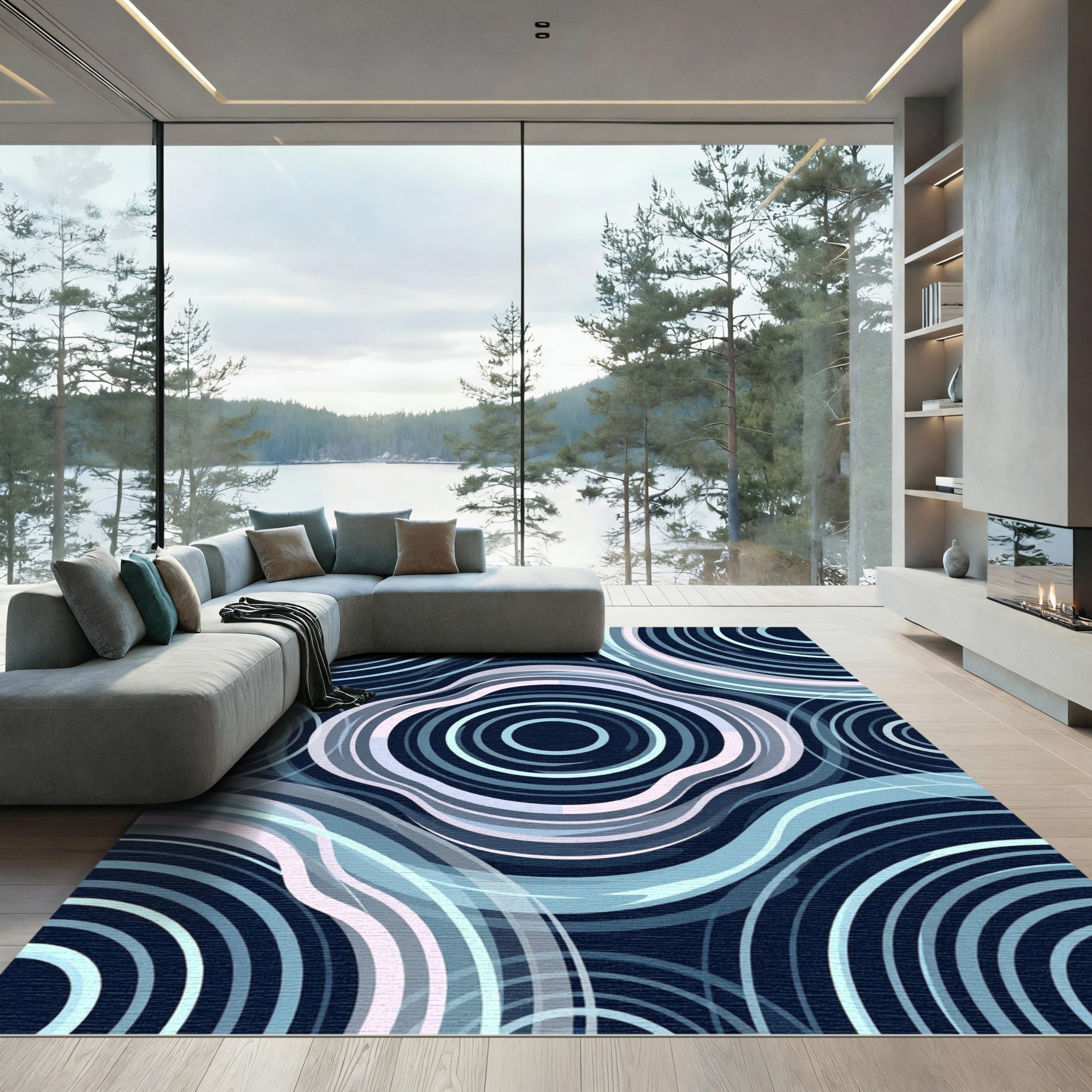 Deep Blue Abstract Ripple Rug