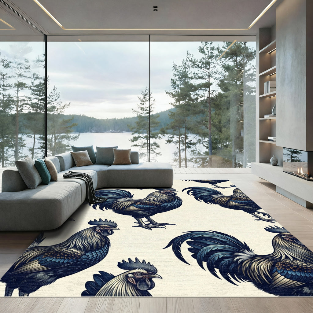 Elegant Navy Rooster Illustration Art Rug
