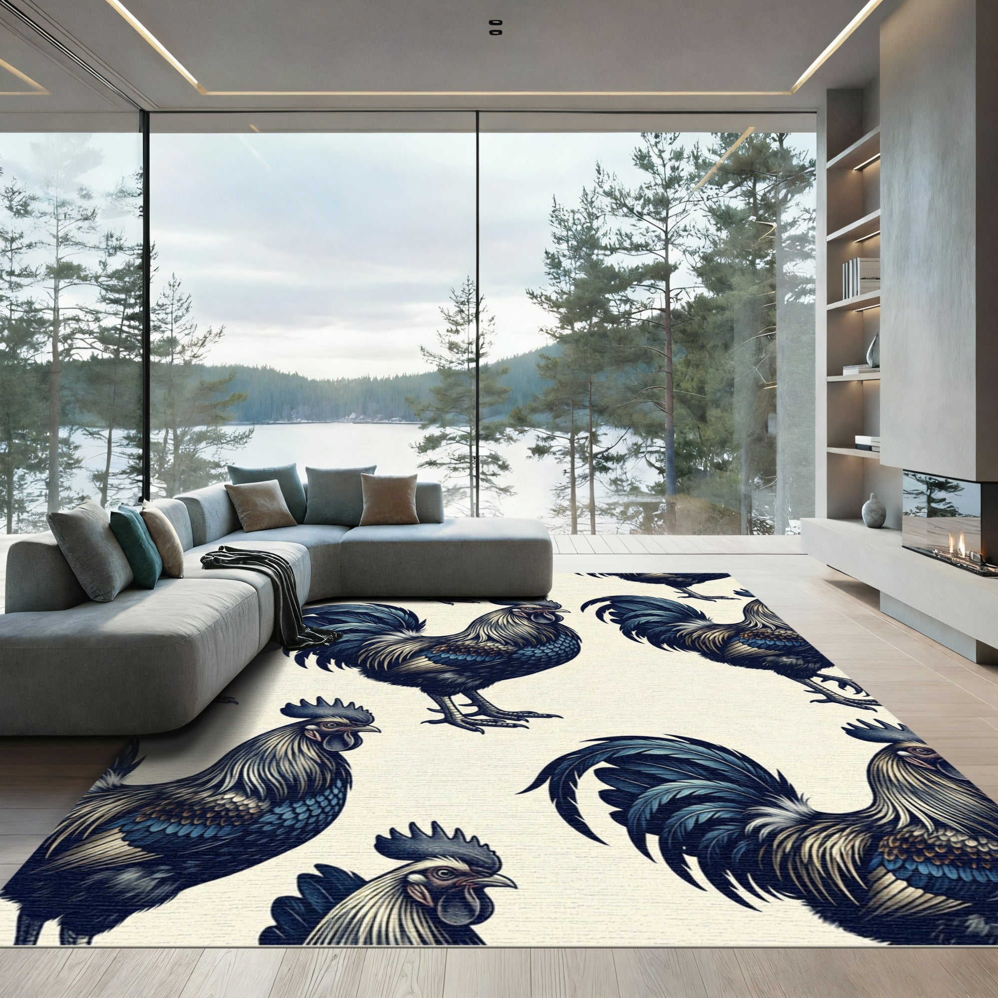 Elegant Navy Rooster Illustration Art Rug